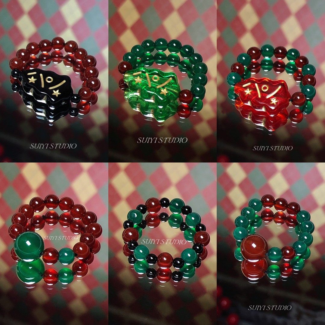 SUIYI 原创设计圣诞树串珠戒指女小众个性红绿玛瑙指环送闺蜜礼物