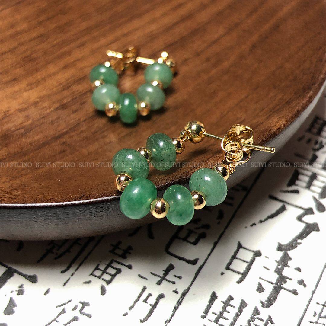 SUIYI 新中式绿色天然石串珠耳环女清冷感气质风无耳洞蚊香盘耳夹