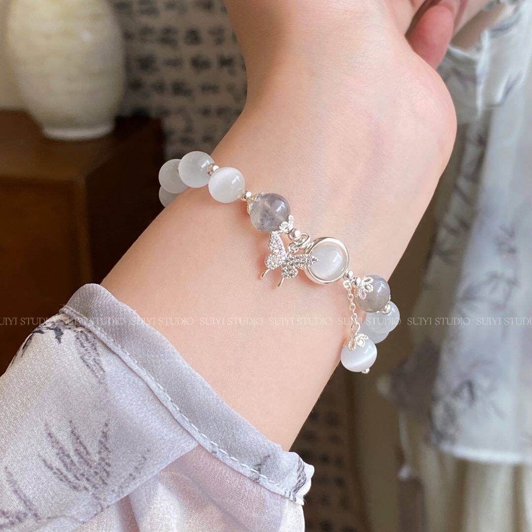 SUIYI 猫眼石手链女国潮新中式轻奢高级感蝴蝶串珠灰月光琉璃手串