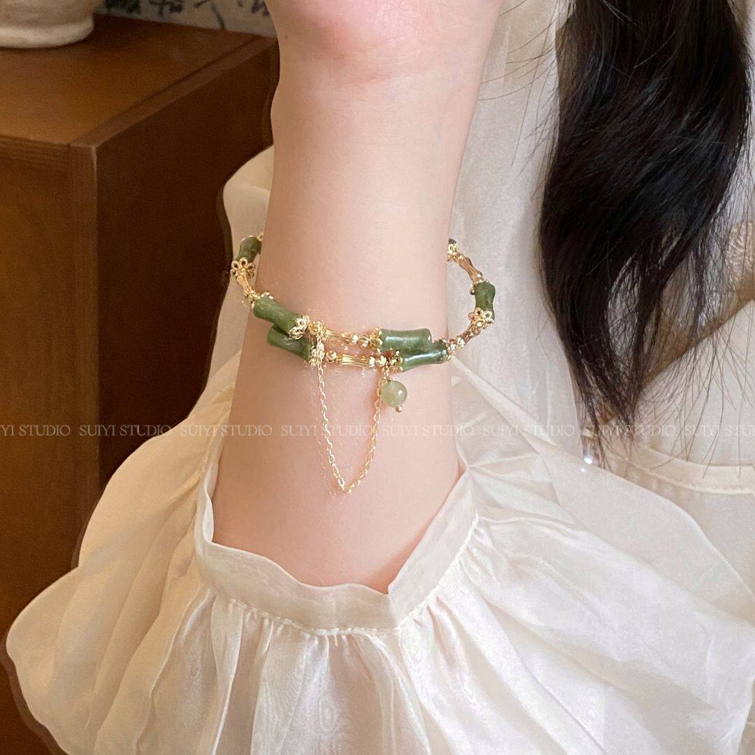 SUIYI 新中式国风竹节手链女天然橄榄石和田玉手镯送朋友闺蜜礼物