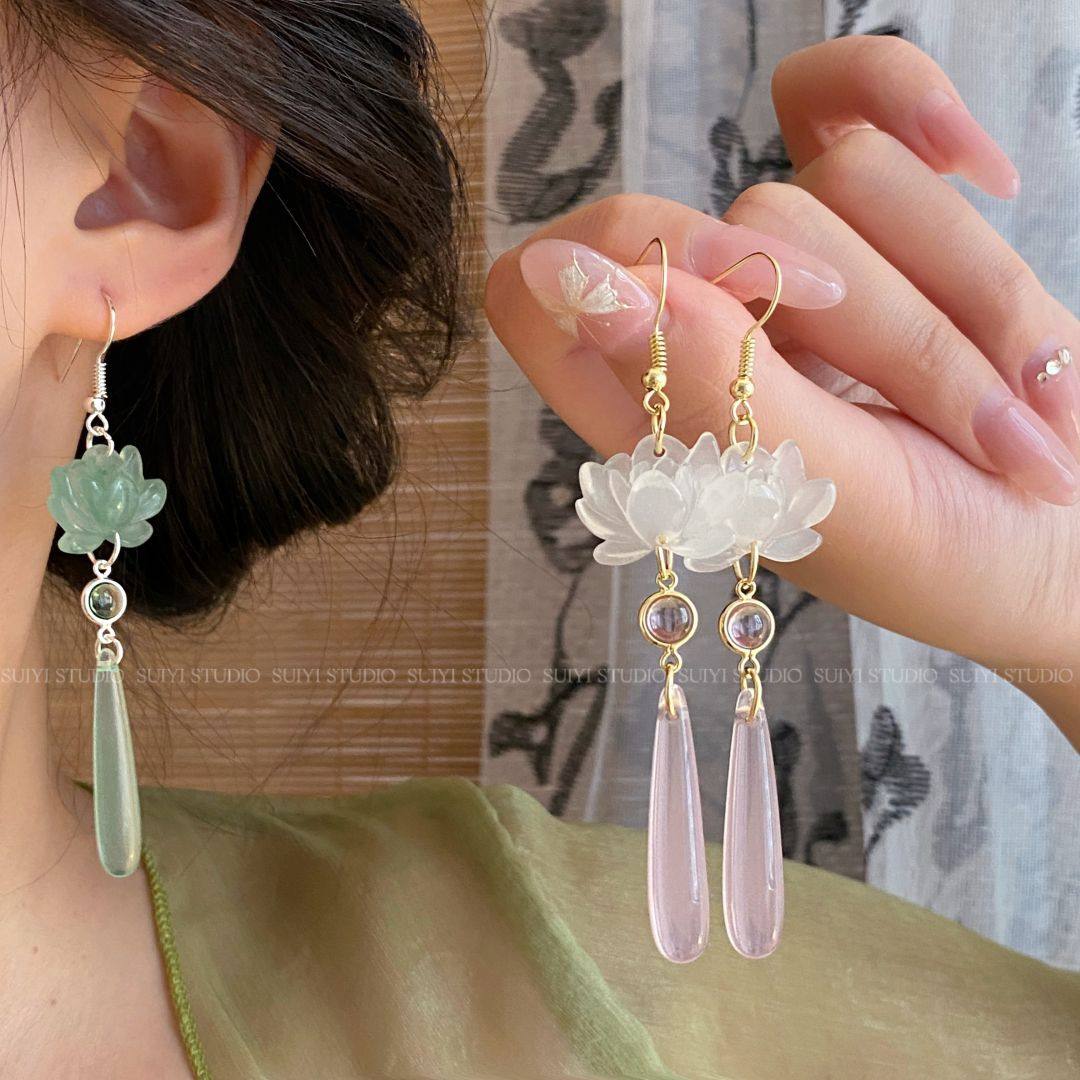 SUIYI 新中式莲花长款水滴耳钩温柔气质无耳洞耳夹汉服马面裙配饰