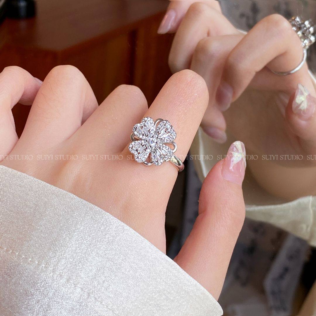 SUIYI 可旋转四叶草戒指女轻奢高级感锆石开口指环个性风创意礼物