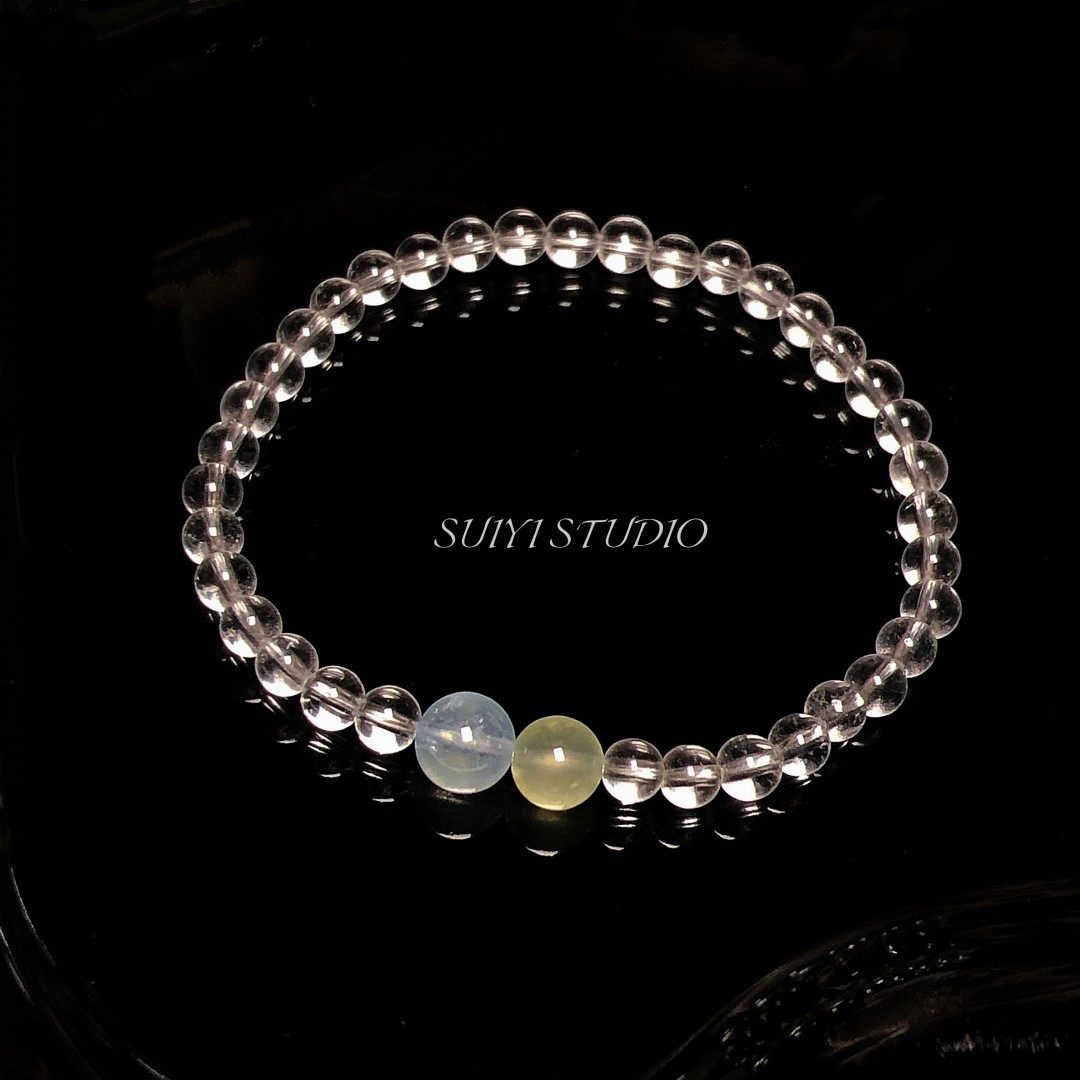 SUIYI 雪魄幽蓝 原创设计天然白水晶手串 小咪数葡萄石海蓝宝配饰