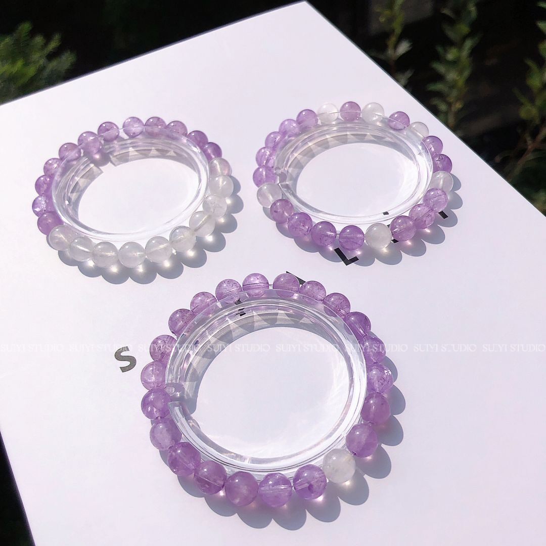 SUIYI 紫羽 原创设计天然薰衣草紫水晶素圈手串女 气质白幽灵手链