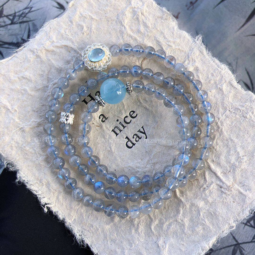 SUIYI 星辰大海 天然灰月光石海蓝宝多圈手串国风清冷感三圈手链