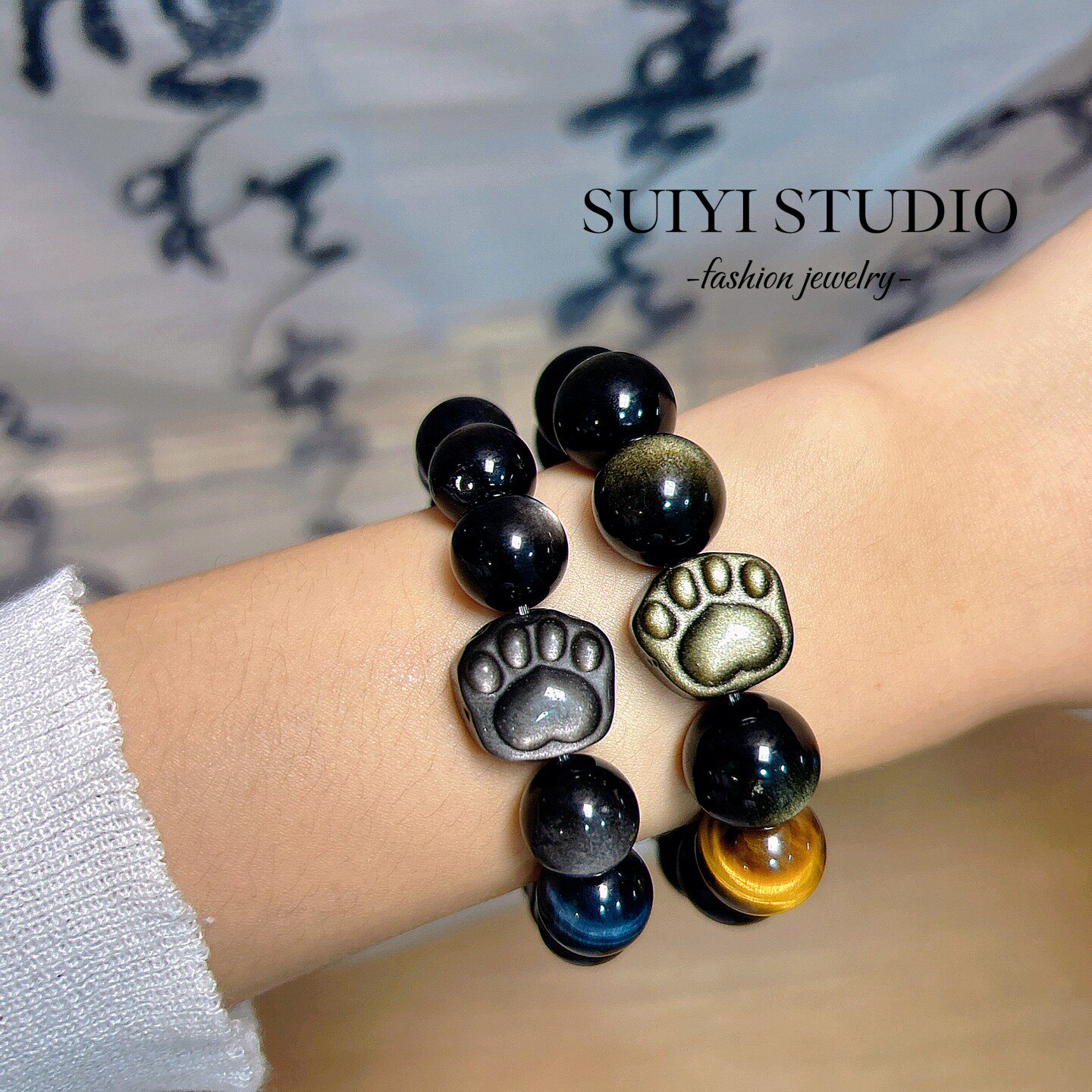 SUIYI 原创设计 天然金银曜石猫爪手串 国风高级感情侣款手链礼物