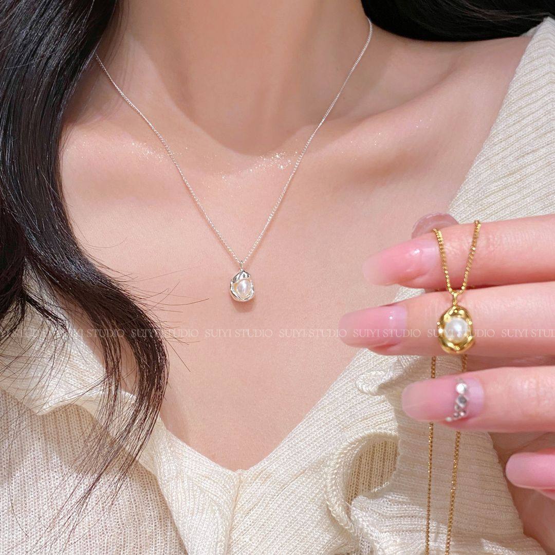 SUIYI 淡水珍珠项链女ins风简约小众金银豆子吊坠荷包蛋设计颈链