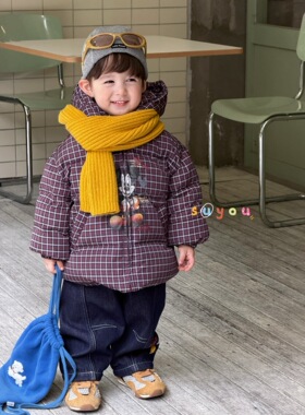苏右25冬季爆款羽绒服男女童同款格子米奇印花新国标90绒耐脏韩版
