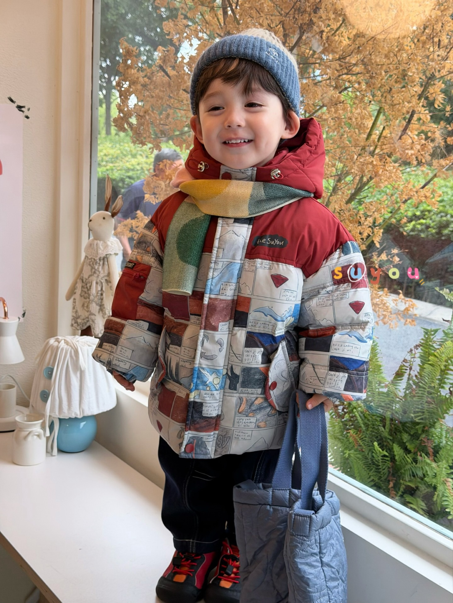 苏右Suyou25新款羽绒服不规则满印拼接连帽羽绒服男童韩版新国标