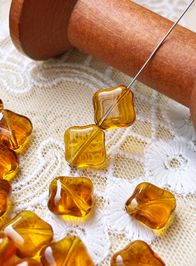 进口捷克珠约12mm复古琥珀色压制方珠手工diy串珠手链项链耳环