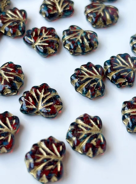 进口捷克琉璃珠13x11mm毕加索红色描金枫叶珠串珠手作材料配件