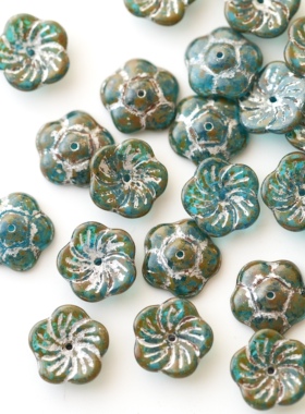 进口捷克珠12mm蓝绿色中孔碗花珠手工串珠DIY散珠材料配件