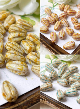 进口捷克珠13x8mm描蓝橄榄瓜珠复古手工串珠饰品项链玻璃珠辅料