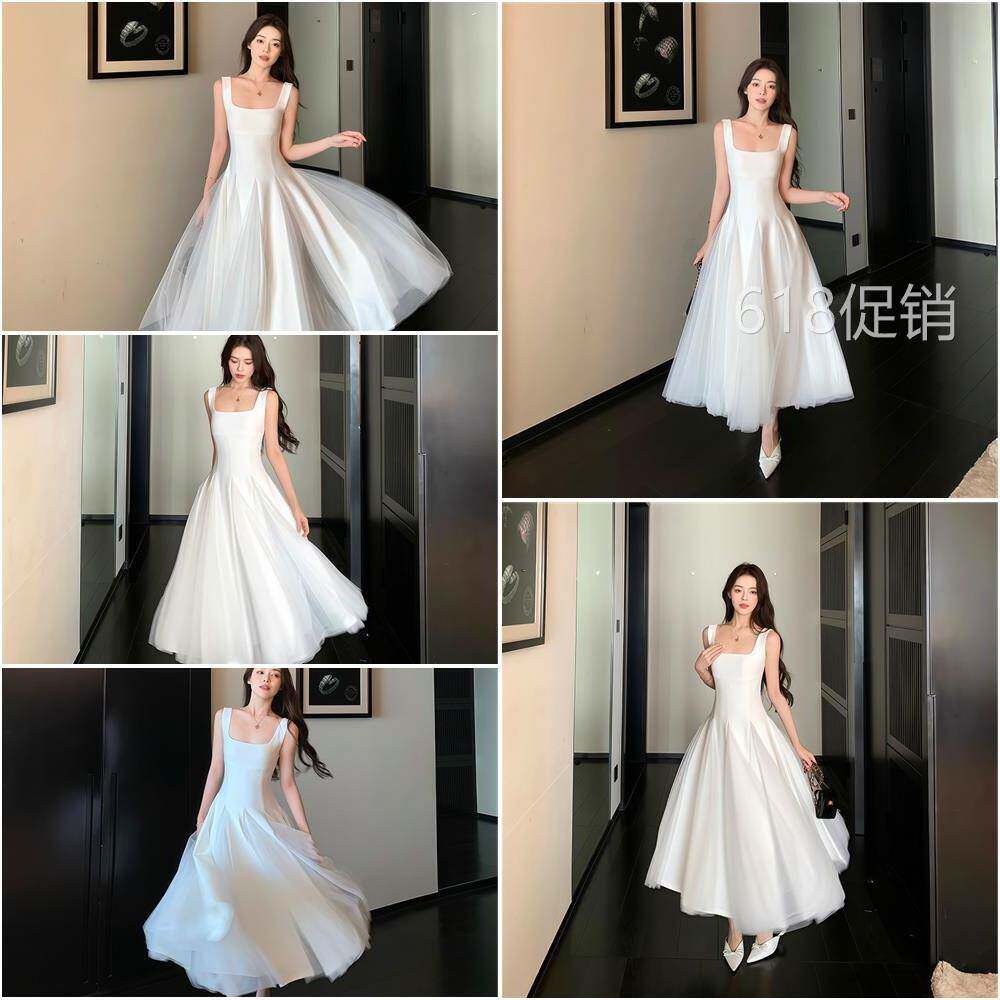 但你butyou 白色吊带洋装女网纱蓬蓬裙高级感生日订婚礼服长裙