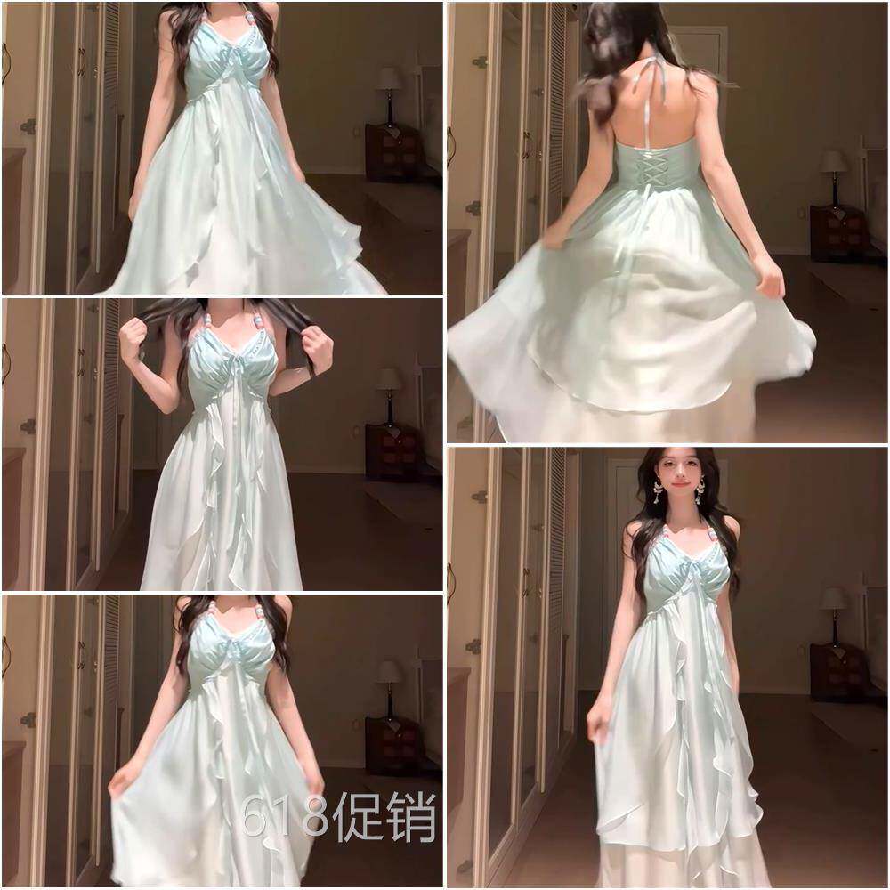 桔梗house海边度假风吊带洋装女2025夏季新款氛围感露背长裙子 - 实物图
