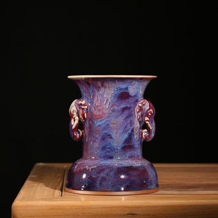 钧瓷紫色吉祥双耳象足尊摆件轻奢风高级感家居装饰品工艺品窑变釉