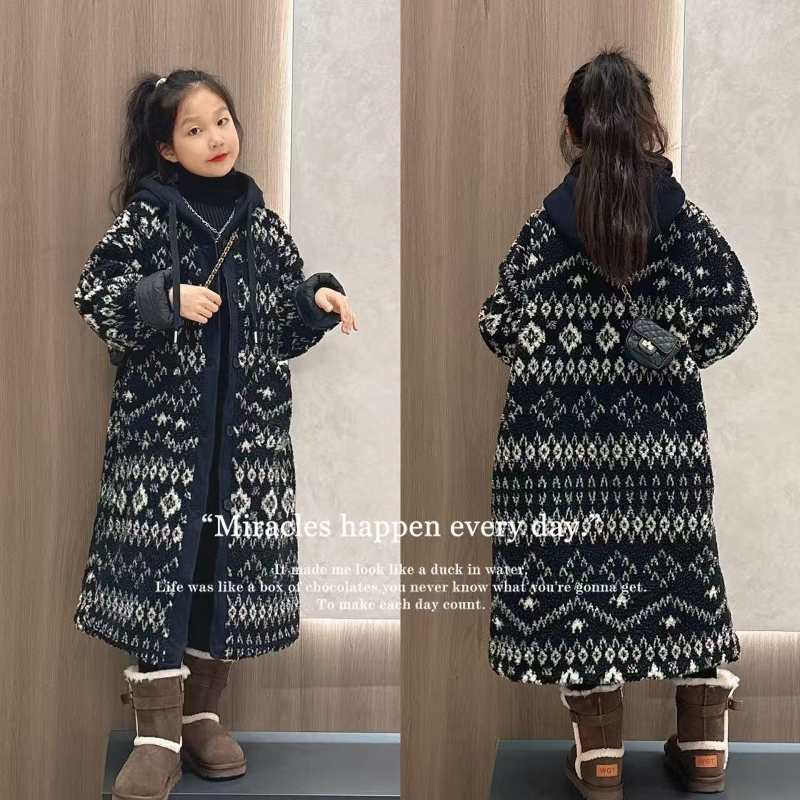 女童夹棉呢大衣长款冬季2025新款中大童韩版网红风衣慵懒加厚外套