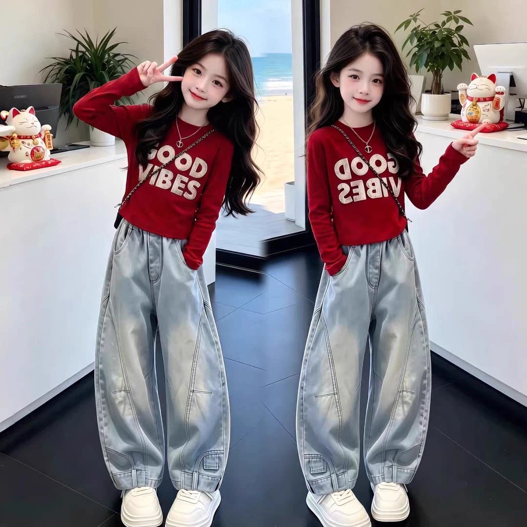 女童牛仔裤秋2026新款儿童女孩弯刀裤女大童秋装直筒阔腿裤初中生图片
