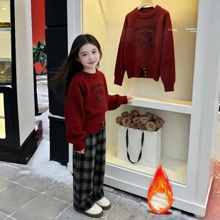 女童格子裤子秋冬2025新款大儿童洋气网红阔腿裤女孩休闲加绒裤子