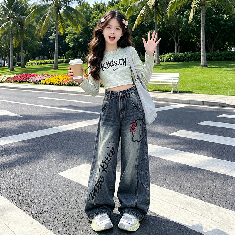 2026秋装女大童宽松牛仔弯刀裤图片