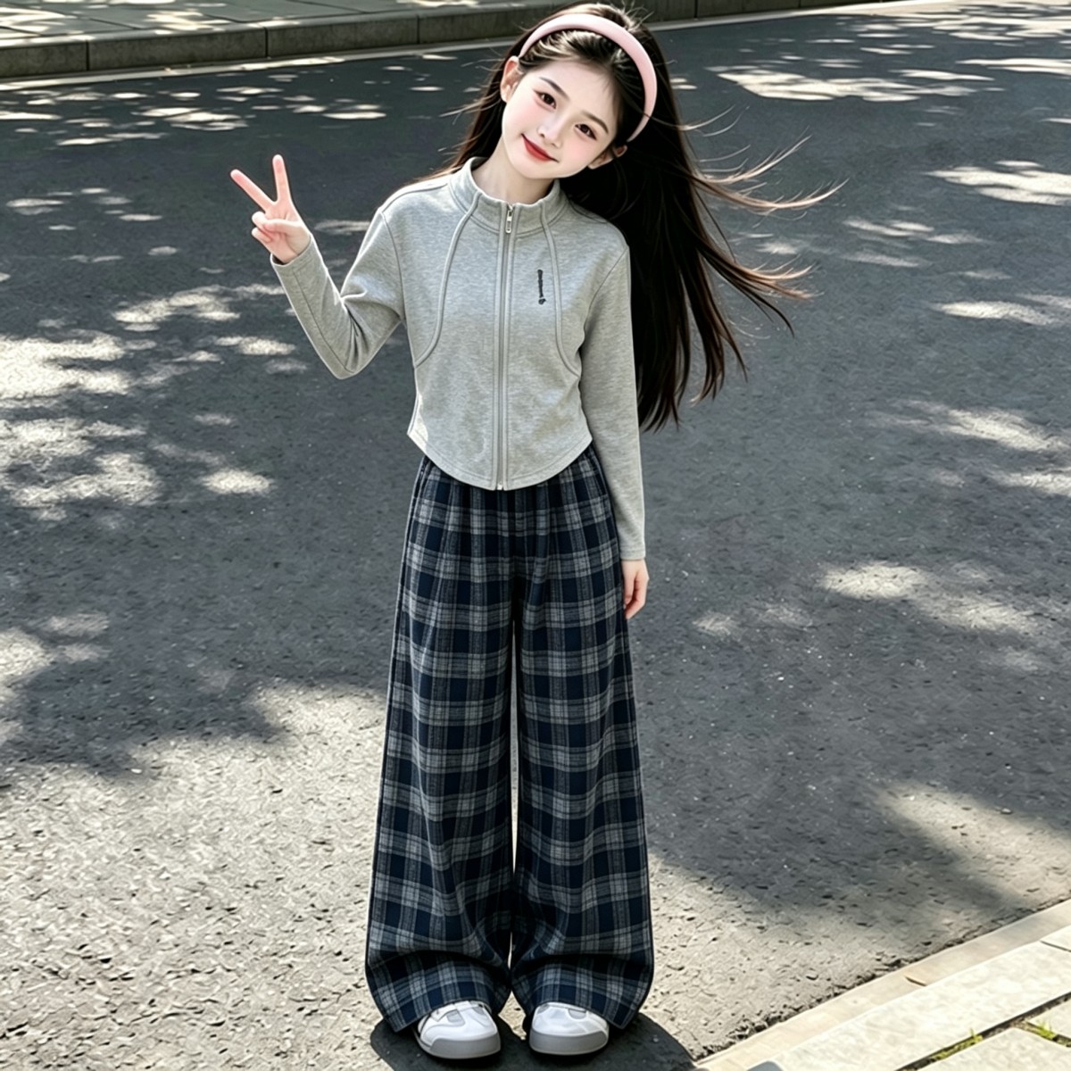 2026春新款女学生格子阔腿裤图片