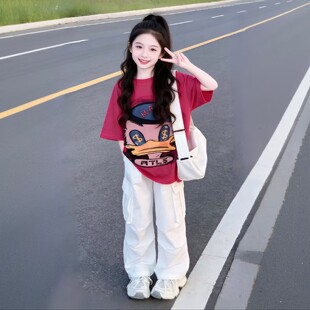 女童裤子夏薄款2026新款儿童速干阔腿裤初中生女孩大童白色工装裤