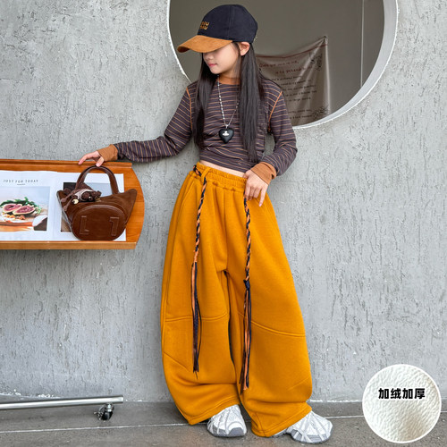 女童加绒裤子秋冬休闲裤2025新款中大童冬季阔腿裤加厚弯刀裤卫裤