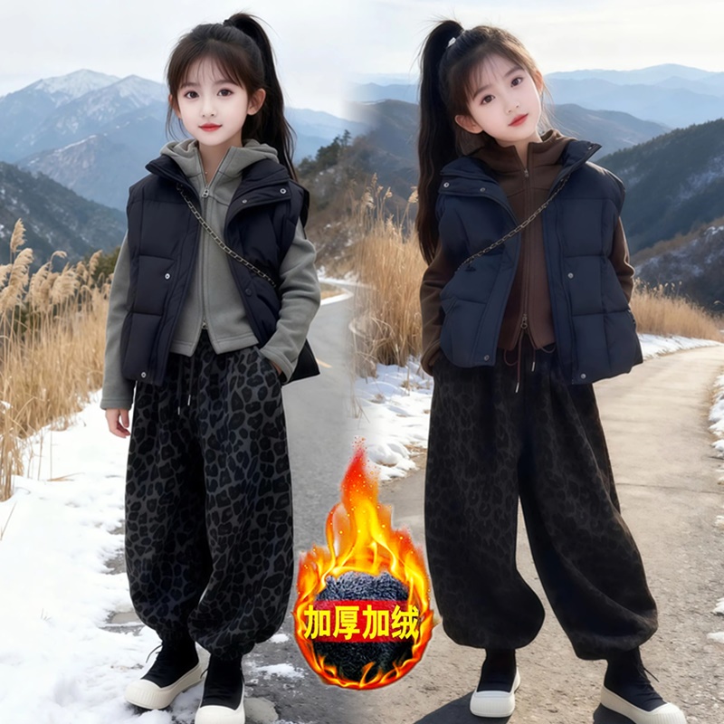 女童秋冬款加绒裤子2025新款儿童冬季加厚豹纹裤中大童冬装休闲裤