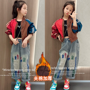 女童裤子加绒加厚秋冬外穿2024新款中大童休闲宽松冬季网红牛仔裤
