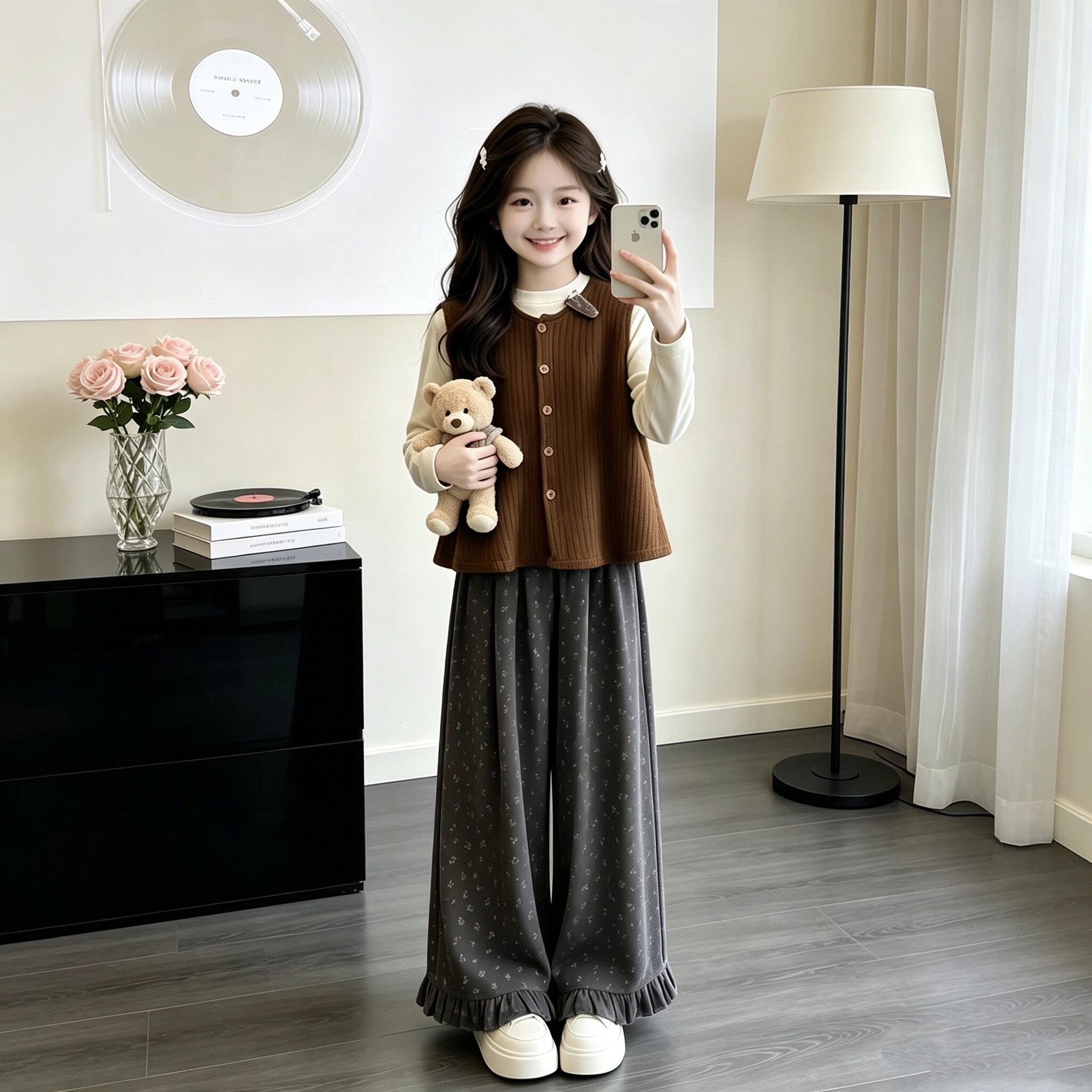 女童春秋碎花高腰阔腿卫裤图片