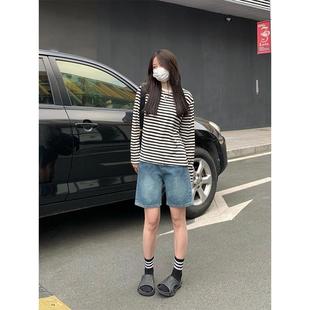 高腰顯瘦闊腿a字五分褲 新款 子 女2024年夏季 純哥家復(fù)古藍牛仔短褲