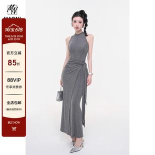 毛妮灰色假两件无袖 长裙 连衣裙女夏季 性感纯欲绑带后妈包臀裙修身