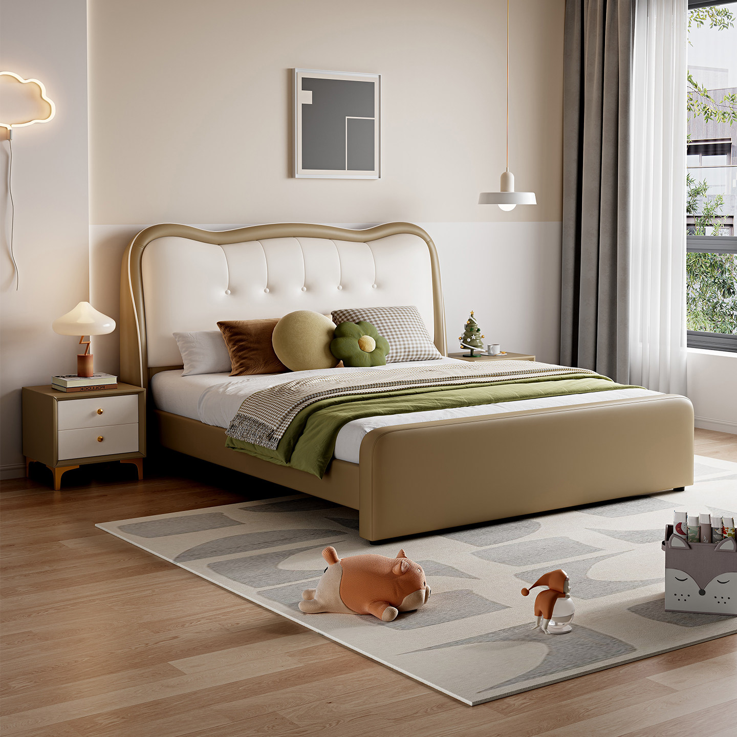 奶油风儿童床男孩女孩硅胶皮单人床现代简约小户型儿童青少年床,住宅家具,皮艺床,淘宝优惠券,粉丝福利购,淘宝优惠卷