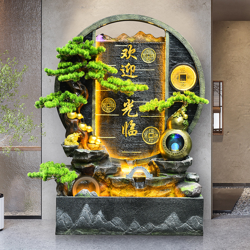 寓意招財(cái)水幕墻假山流水?dāng)[件辦公室酒店裝飾落地?cái)[件客廳玄關(guān)裝飾