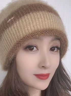 女士冬季帽子松鼠针织时尚百搭撞色条纹女帽双层加厚保暖舒适