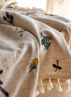 刺绣侘寂风餐桌布日式轻奢长方形茶几布田园亚麻奶油风书桌盖布艺