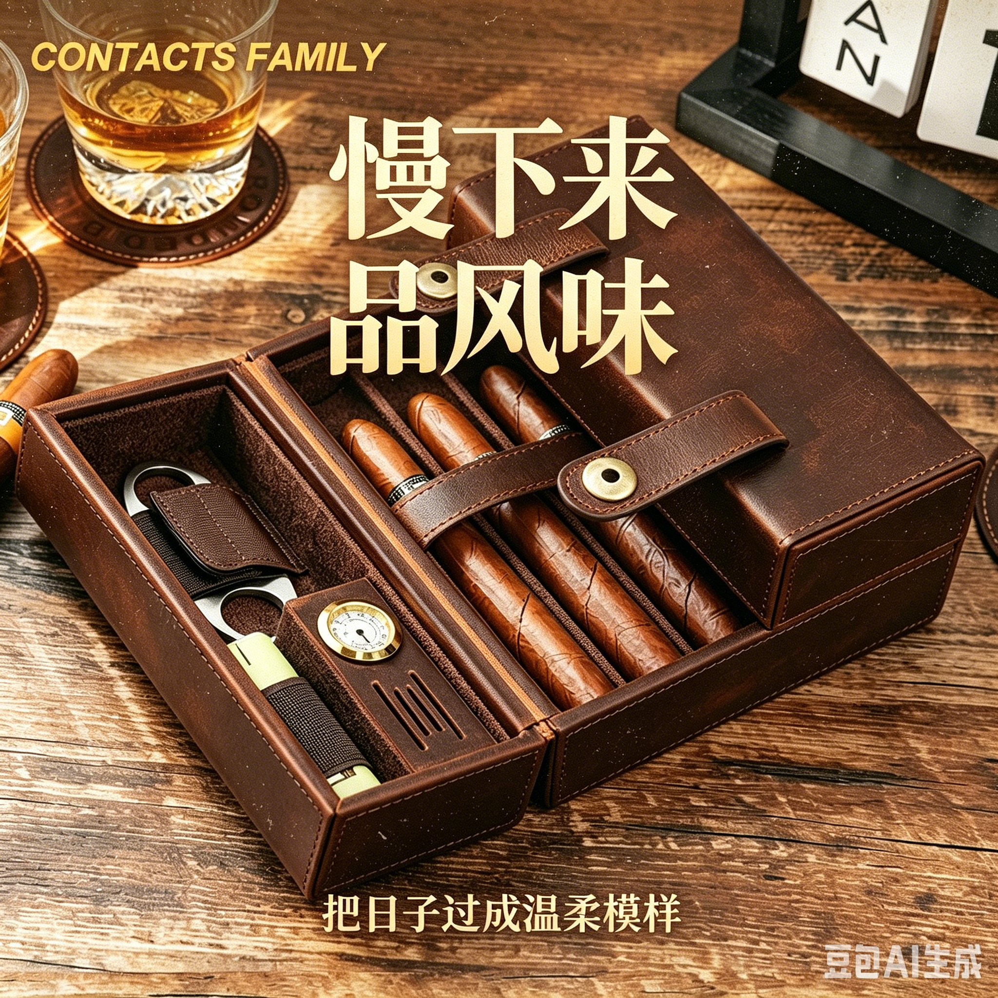 真牛皮雪茄旅行包便携雪茄器具收纳盒翻盖保湿雪茄盒7支国外名品