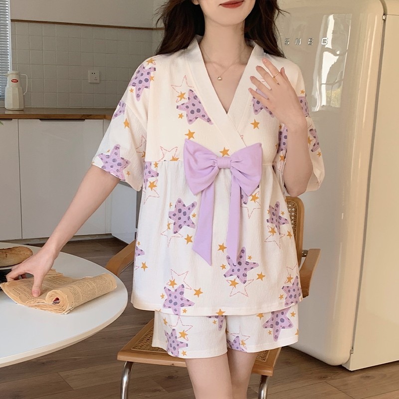 芬腾休夏季女士短袖裤带胸垫公主风套头纯棉可外穿家居服睡衣套装