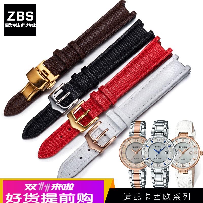 适用原厂sheen卡西欧系列女士SHE-4523PGL7手表带凹接口真皮黑红