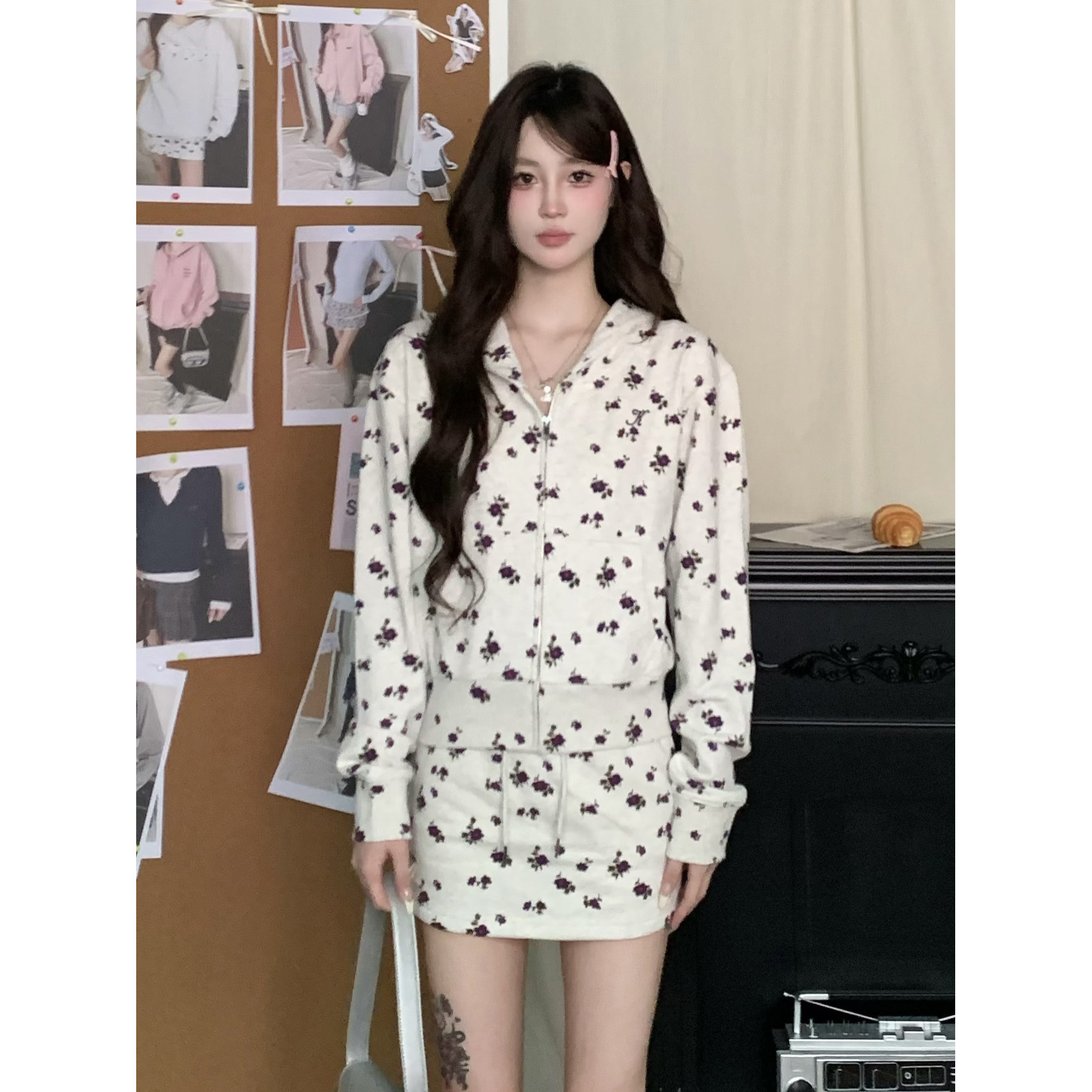 KTDA美式碎花连帽短裙卫衣两件套