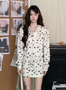 KTDA美式复古碎花印花短款连帽开衫卫衣辣妹碎花包臀短裙两件套