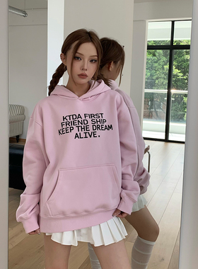 KTDA秋冬新款美式复古标语印花连帽卫衣男女情侣宽松重磅休闲帽衫