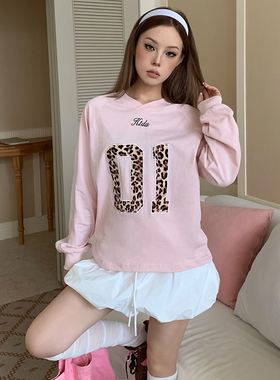 KTDA国潮牌秋冬新款宽松美式豹纹数字贴布刺绣v领学院风长袖罩衫