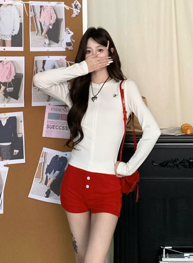 KTDA美式基础半开领拉链长袖T恤女春秋季新款修身内搭上衣打底衫