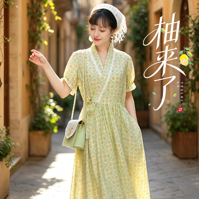 听月小筑【柚来了】原创女春夏透气清凉泡泡袖连衣裙国风新中式
