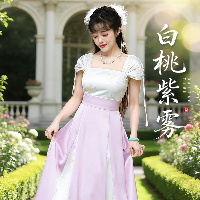 听月小筑【白桃紫雾】原创女春夏短袖连衣裙国风新中式非汉服