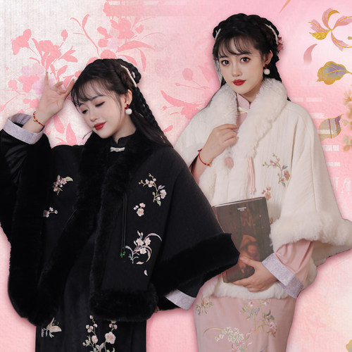 听月小筑【粉墨登场】原创女秋冬刺绣旗袍披肩国风新中式改良汉服