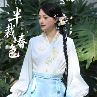 听月小筑【半裁春色】原创女春交领衬衫连衣裙国风改良新中式女装