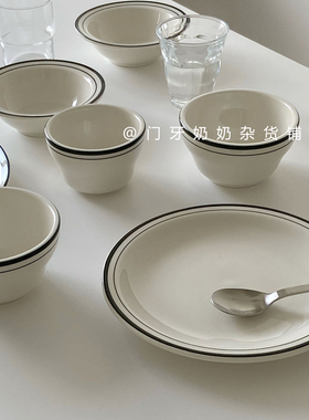 ins墨绿色线条釉下彩陶瓷平盘椭圆盘汤碗米饭碗甜品早餐盘麦片碗
