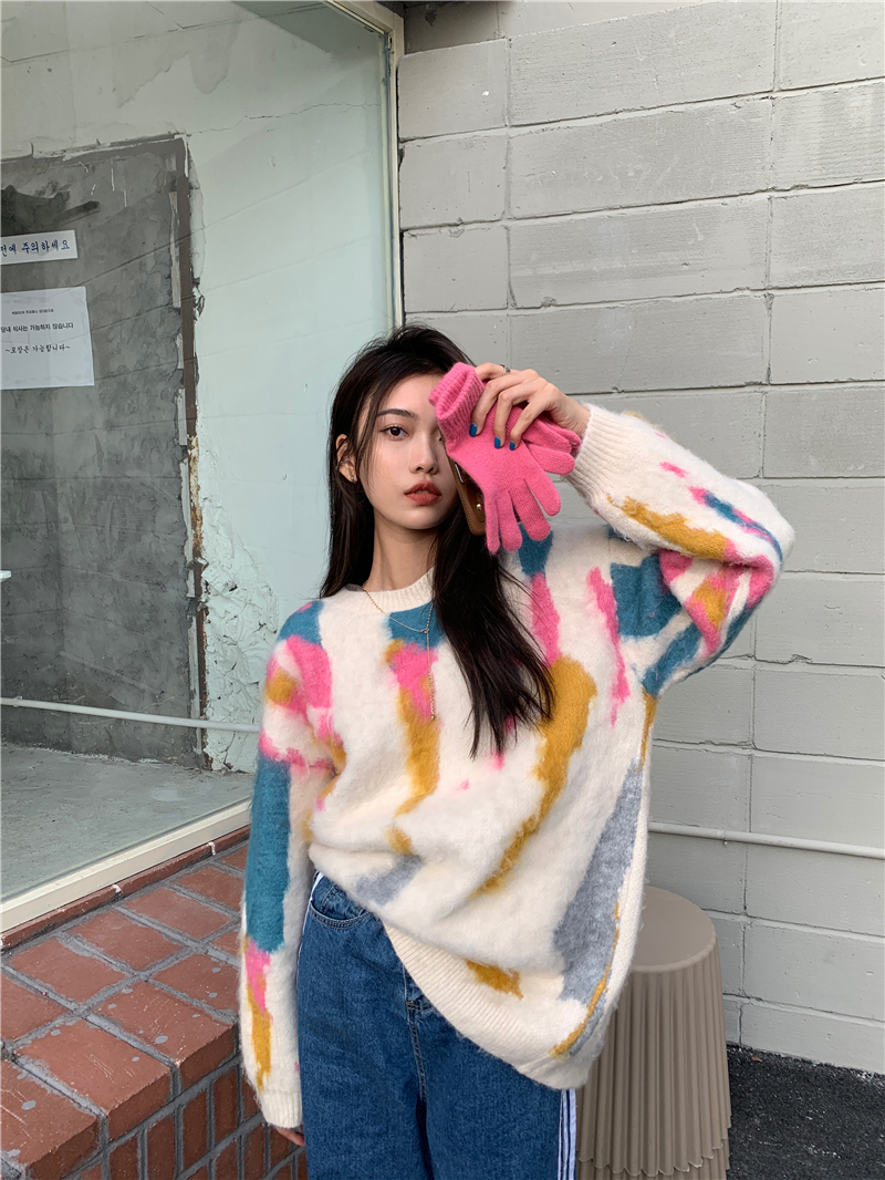 Real price trend ins tie dyed individual sweater for women loose shoulder Slouchy leisure long sleeve